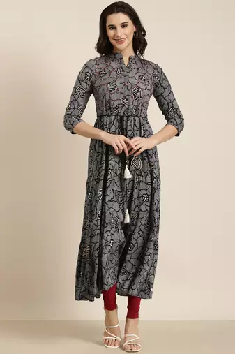 women's calf length mandarin collar navy blue bandhani anarkali kurta