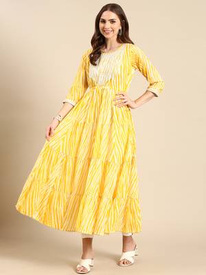 women's ankle length round neck yellow striped anarkali kurta 5