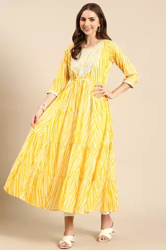 women's ankle length round neck yellow striped anarkali kurta