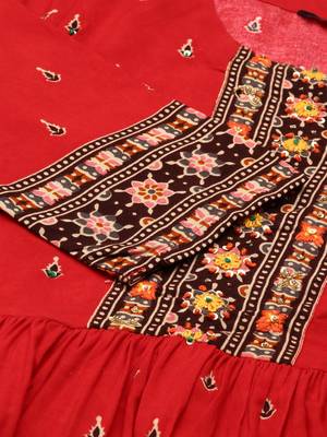 women's ankle length round neck red ethnic motifs anarkali kurta 3