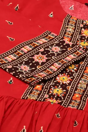 women's ankle length round neck red ethnic motifs anarkali kurta
