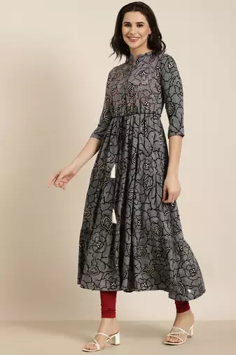 women's calf length mandarin collar navy blue bandhani anarkali kurta
