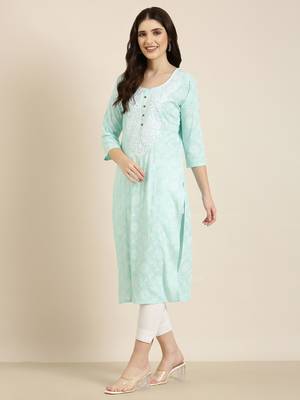 women's knee length round neck sea green floral straight kurta 4