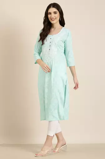women's knee length round neck sea green floral straight kurta