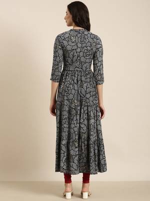 women's calf length mandarin collar navy blue bandhani anarkali kurta 4