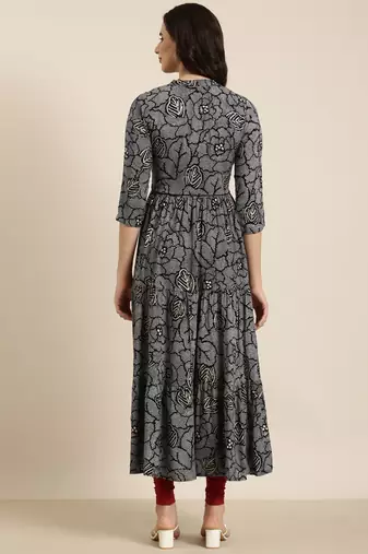 women's calf length mandarin collar navy blue bandhani anarkali kurta