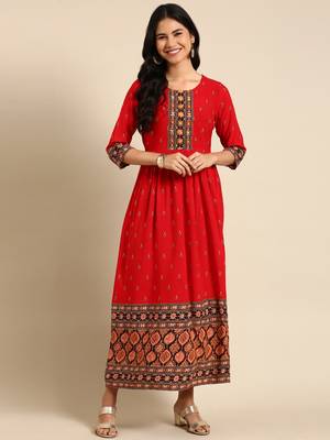 women's ankle length round neck red ethnic motifs anarkali kurta 4