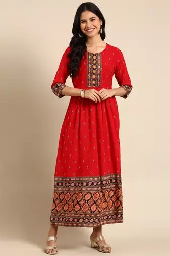 women's ankle length round neck red ethnic motifs anarkali kurta