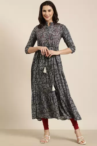 women's calf length mandarin collar navy blue bandhani anarkali kurta