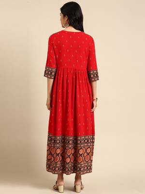 women's ankle length round neck red ethnic motifs anarkali kurta 5