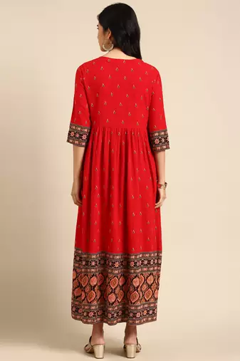 women's ankle length round neck red ethnic motifs anarkali kurta