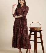 women's calf length mandarin collar Burgundy ethnic motifs anarkali kurta