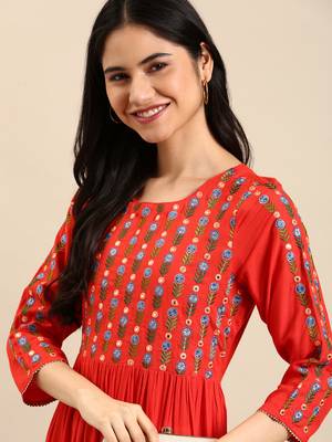 women's ankle length round neck orange solid anarkali kurta 1
