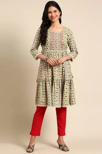 women's knee length round neck grey geometric anarkali kurta