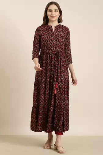 women's calf length mandarin collar Burgundy ethnic motifs anarkali kurta