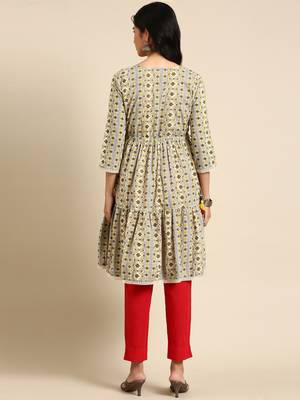 women's knee length round neck grey geometric anarkali kurta 5