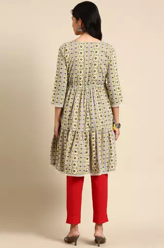 women's knee length round neck grey geometric anarkali kurta