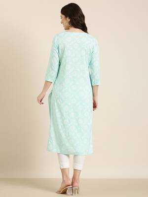 women's knee length round neck sea green floral straight kurta 5