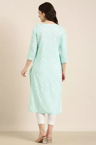 women's knee length round neck sea green floral straight kurta