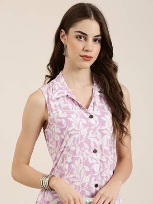 women's calf length shirt collar lavender floral a-line kurta 2