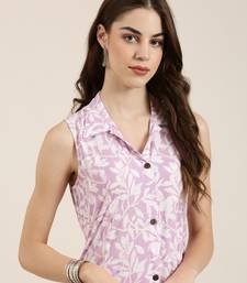 women's calf length shirt collar lavender floral a-line kurta