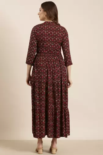 women's calf length mandarin collar Burgundy ethnic motifs anarkali kurta