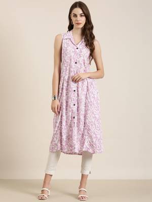 women's calf length shirt collar lavender floral a-line kurta 3