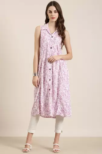 women's calf length shirt collar lavender floral a-line kurta