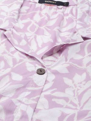 women's calf length shirt collar lavender floral a-line kurta 4