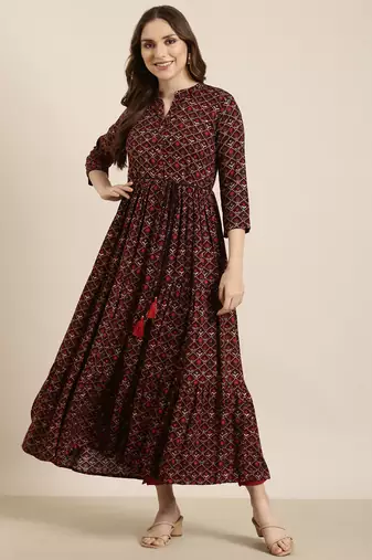 women's calf length mandarin collar Burgundy ethnic motifs anarkali kurta