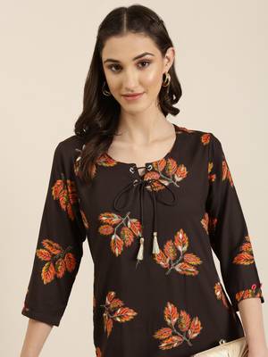 women's calf length round neck coffee brown floral straight kurta 1
