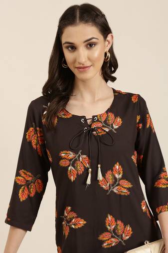 women's calf length round neck coffee brown floral straight kurta