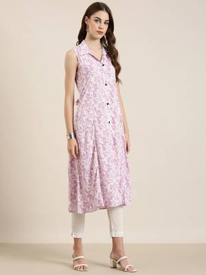 women's calf length shirt collar lavender floral a-line kurta 1