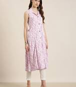 women's calf length shirt collar lavender floral a-line kurta