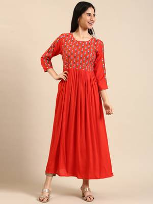 women's ankle length round neck orange solid anarkali kurta 4