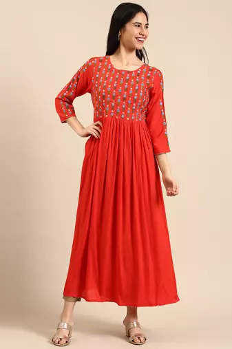 women's ankle length round neck orange solid anarkali kurta