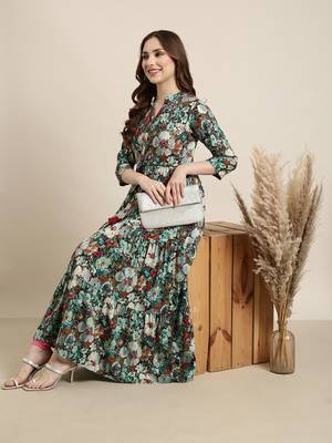 women's ankle length mandarin collar teal floral anarkali kurta 1