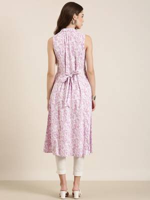 women's calf length shirt collar lavender floral a-line kurta 5