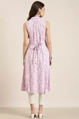 women's calf length shirt collar lavender floral a-line kurta