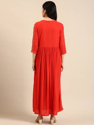 women's ankle length round neck orange solid anarkali kurta 5