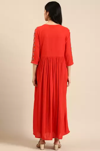 women's ankle length round neck orange solid anarkali kurta