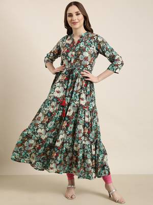 women's ankle length mandarin collar teal floral anarkali kurta 2