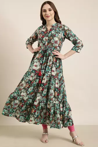 women's ankle length mandarin collar teal floral anarkali kurta
