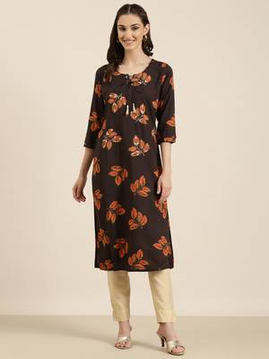 women's calf length round neck coffee brown floral straight kurta 2