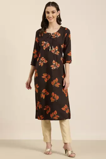 women's calf length round neck coffee brown floral straight kurta
