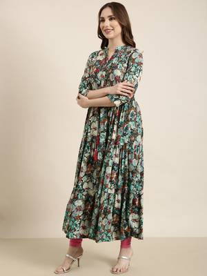 women's ankle length mandarin collar teal floral anarkali kurta 3
