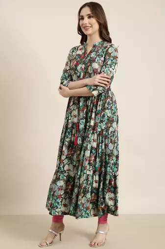 women's ankle length mandarin collar teal floral anarkali kurta