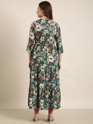 women's ankle length mandarin collar teal floral anarkali kurta 4