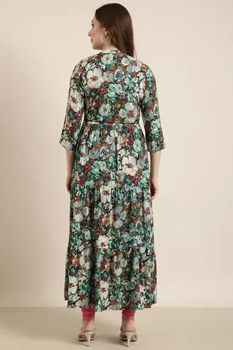 women's ankle length mandarin collar teal floral anarkali kurta