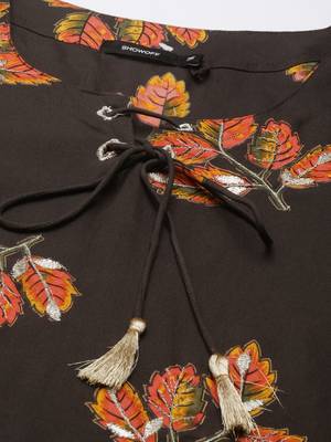 women's calf length round neck coffee brown floral straight kurta 3